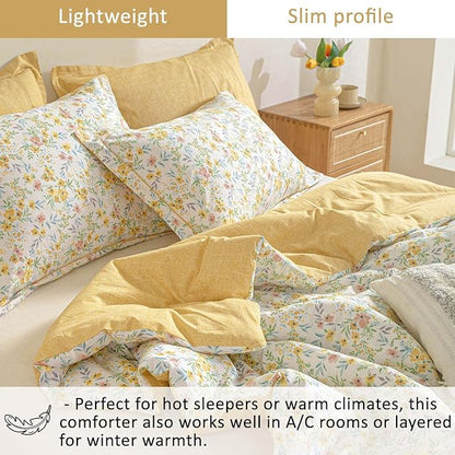 Natural Cotton 3pcs Floral Comforter Sets Queen Size-Yellow Comforter with Pink & Yellow Flowers and Blue & Green Leaves on White, Reversible Lightweight Bedding Sets(Queen 90"×90")