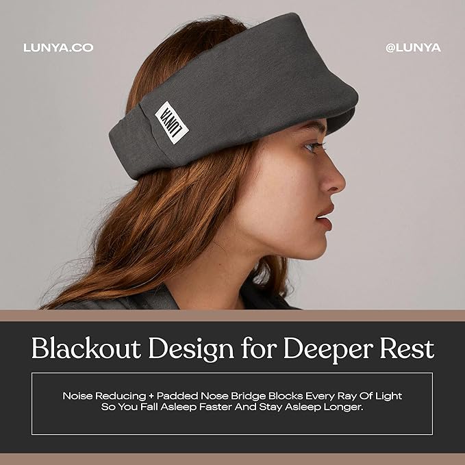 Lunya Washable Silk Sleeping Mask - Thermoregulating Mulberry Silk, Light Blocking and Comfortable Fit – Sleep Mask for Women and Men with Box - Meditative Grey - Large