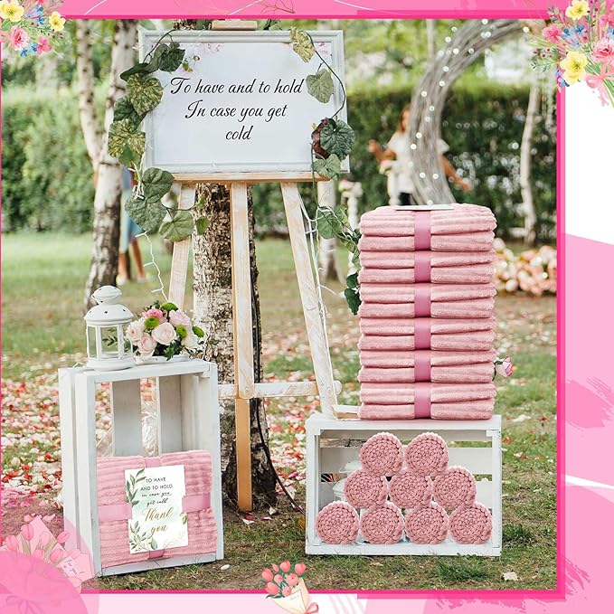 Buryeah 24 Pcs Wedding Flannel Fleece Throw Blanket Bulk with Thank You Card and Ribbon, 50 x 60 in Oeko-TEX Standard 100 Certified Blankets Outdoor Wedding, Guest Party Souvenirs (Dusty Pink)