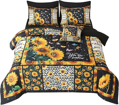 JQinHome Sunflower Comforter Set Twin for Girls Women,6 Piece Bed in A Bag 3D Black Sunflower Theme Butterfly Bedding Set with Sheet Set(Black)