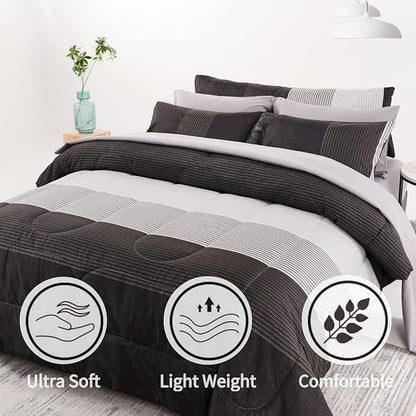 RYNGHIPY 8Pcs Revsible Grey Black Striped Down Alternative Comforter Bedding Collections, Lightweight All Season Striped Bedding Comforters Sets for Queen Bed (Queen,Grey Black)