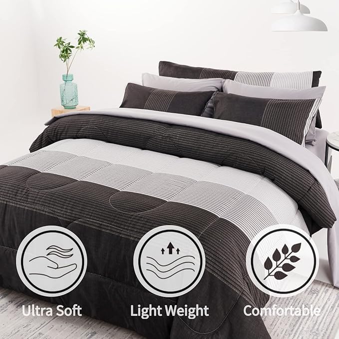 RYNGHIPY 8Pcs Revsible Grey Black Striped Down Alternative Comforter Bedding Collections, Lightweight All Season Striped Bedding Comforters Sets for Full Bed (Full,Grey Black)