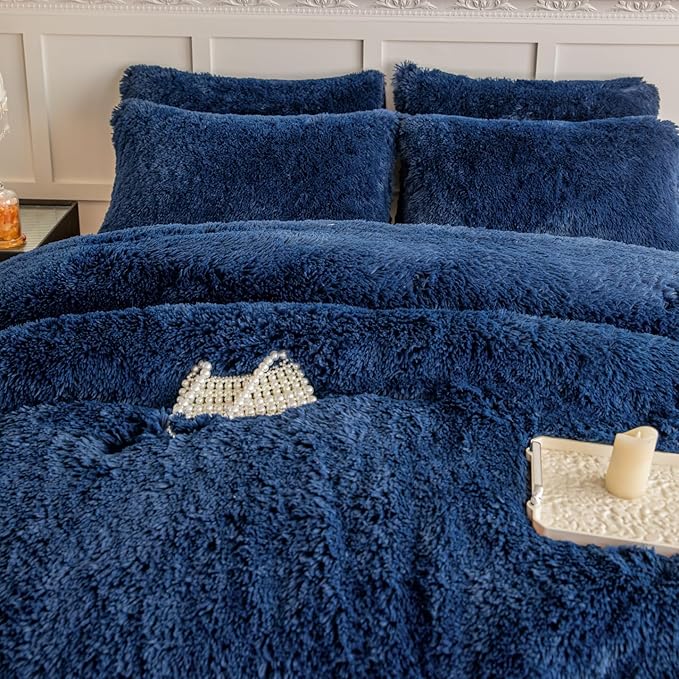 chovy Faux Fur Plush Royal Blue Comforter Sets King - Ultra Soft Shaggy Flannel Velvet Fluffy Fuzzy 3PC Bedding Set (Comforter x 1 Pillowcases x 2)