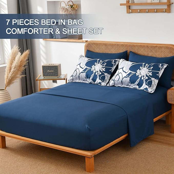 Anibedding Navy Floral Comforter Set Queen Size 7 Piece, Blue Flower Bed in a Bag, Elegant Botanical Floral Comforter Soft Microfiber Complete Bedding Set for All Season, (Navy Blue, 90"x90")