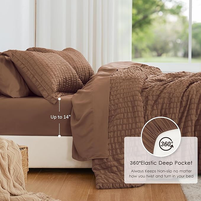 Love's cabin Seersucker Mocha Mousse Full Comforter Set, 7-Piece All Season Lightweight Bed in a Bag Bedding Set with Comforter, Flat Sheet, Fitted Sheet, Pillowcases and Shams | Soft, Breathable, Lightweight