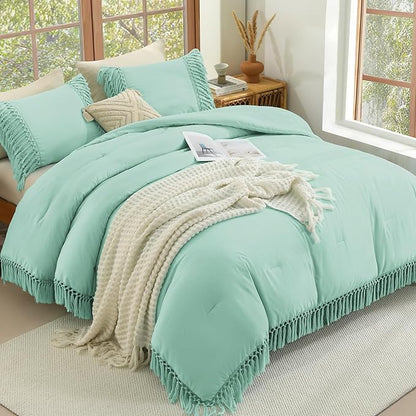 Andency Mint Comforter Set California King, 3 Pieces Boho Cal King Tassel Lightweight Soft Bedding Comforter Sets, Oversized Bed Set (104x96In Comforter & 2 Pillowcases)