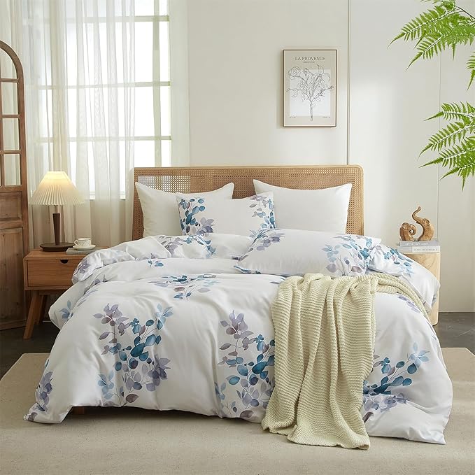 mixinni Floral White Comforter Set Full Size, Farmhouse Bedding Sets Soft Fluffy Fresh Blue/Purple Leaves Comforter for All Season, 3 Pieces Cute Floral Bedding Comforter Set for Women