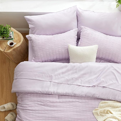 Love's cabin Seersucker Lavender Full Comforter Set, 7-Piece All Season Lightweight Bed in a Bag Bedding Set with Comforter, Flat Sheet, Fitted Sheet, Pillowcases and Shams | Soft, Breathable, Lightweight