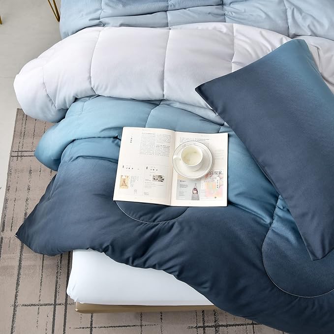 Anibedding Blue Comforter Set Queen - 7 Pieces Ombre Blue White Microfiber Bedding Set - All Season Down Alternative Light Ocean Sea Abstract Bed in a Bag for All Season (90" x90")