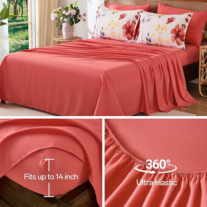 Anibedding 8Pieces King Size Comforter Set, Pink Red Watercolor Floral Queen Size Bed in a Bag Comforter Set with Pillowcase, Sheets for All Season