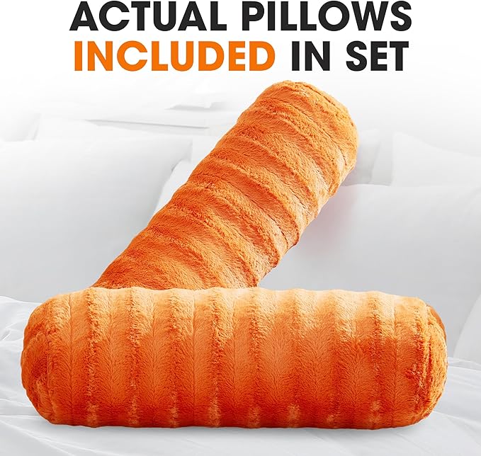 Cheer Collection Faux Fur Bolster Pillows – Soft Decorative Cylinder Pillows for Bed or Couch, Machine Washable – 8” x 24”, Set of 2, Rust