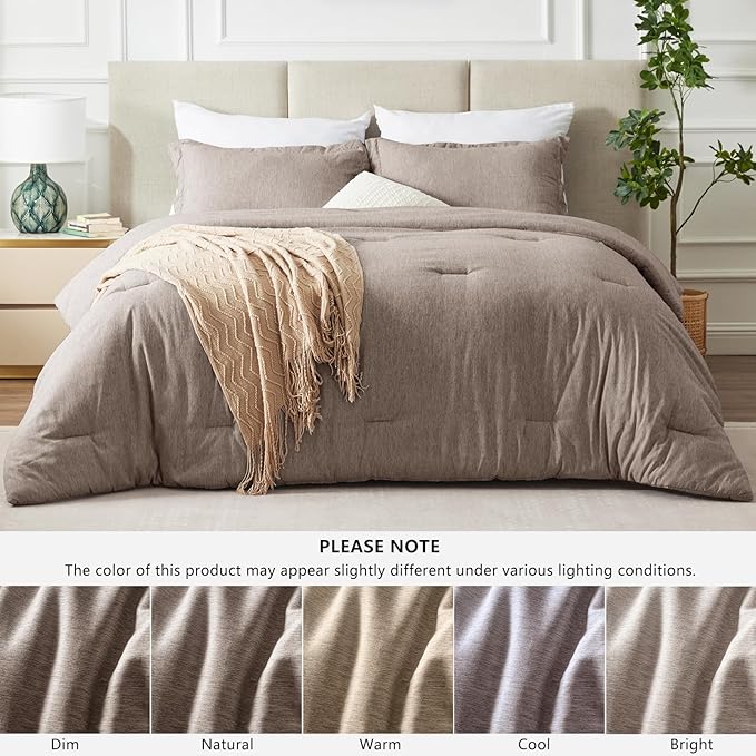 CozyLux Queen Comforter Set - 3 Pieces Khaki Soft Luxury Cationic Dyeing Queen Size Comforter for All Season, Breathable Lightweight Fluffy Bedding Sets with 1 Comforter and 2 Pillow Shams
