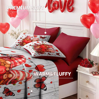 Nesker 7 Pcs Valentine's Day Comforter Set Queen Size, Romantic Gnomes Heart Bedding Set for Kids and Adults, Sweet Rose Love Sheets Bed Sheet Sets with Fitted Sheet 2 Pillowcases & 2 Shams