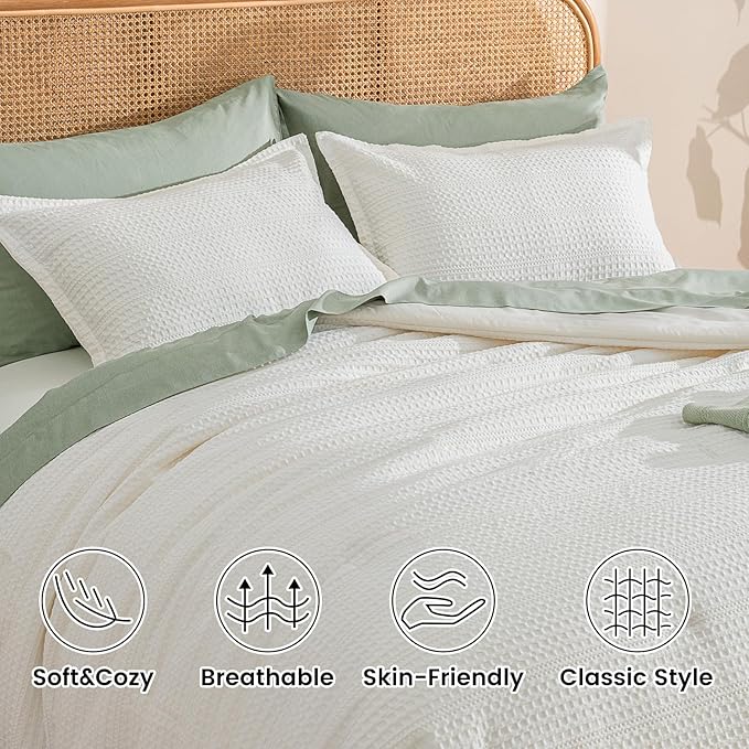 PHF 3 Pieces Cream Waffle Weave Comforter Set King Size - Ultra Soft Textured Waffle Comforter with 2 Pillow Shams, Lightweight Breathable Comfy Bedding Set for All Season, Cream