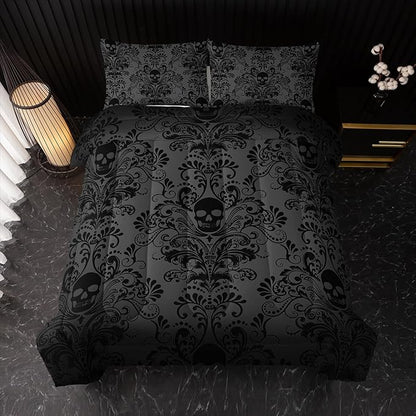 Adults Black Gothic Comforter Set Full Size,Vintage Damask Floral Bedding Set 3Pcs,Bohemia Bedding Set Goth Skull Printed Quilted Set for Teens Adult with 1 Comforter and 2 Pillowcase