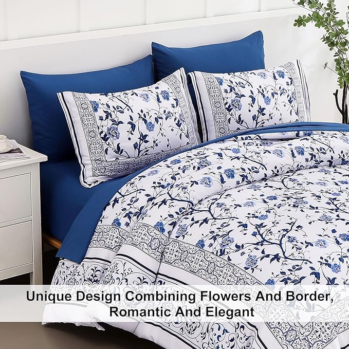 Dobuyly Floral King Size Comforter Set, Blue Flowers on White Botanical Bedding Set 7 Piece Bed in a Bag King, Soft Microfiber Bedding Comforter Sets with Sheets for All Season