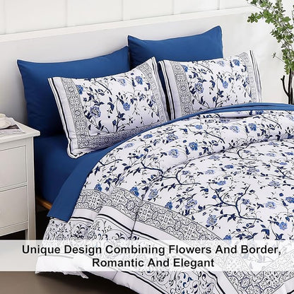 Dobuyly Floral King Size Comforter Set, Blue Flowers on White Botanical Bedding Set 7 Piece Bed in a Bag King, Soft Microfiber Bedding Comforter Sets with Sheets for All Season