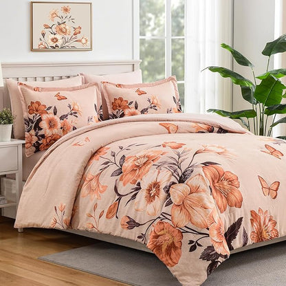 Floral Comforter Set Queen Size,7 Piece Orange Bed in a Bag, Elegant Flower Pattern Comforter Set with Sheet, Soft Microfiber Complete Bedding Sets for All Season