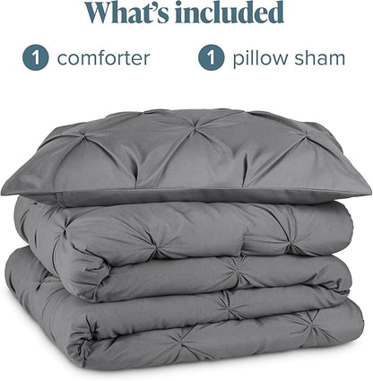 Bare Home Pintuck Pinch Pleat Comforter Set - Down Alternative - Soft, Premium 1800 Series - Bedding for All Seasons, 2 Pieces, 1 Comforter (92”x 66”) and 1 Pillow Sham (Twin/TwinXL, Grey)