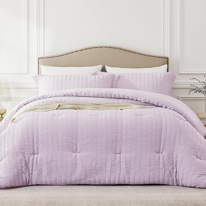 California King Comforter Set Light Purple,3PCS Seersucker Lightweight Bedding Comforter for All Season, Calking Size(104''×96'' Comforter & 2 Pillowcases)