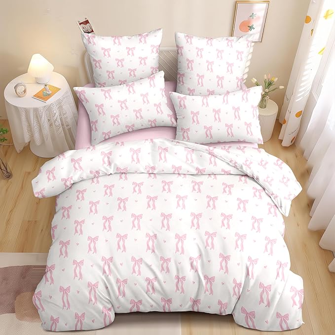 Nayoroom Pink Bow Comforter Set Queen Size Cute Heart Comforter 3 Pieces Soft Lightweight Girls Coquette Dorm Bedding Set for All Seasons