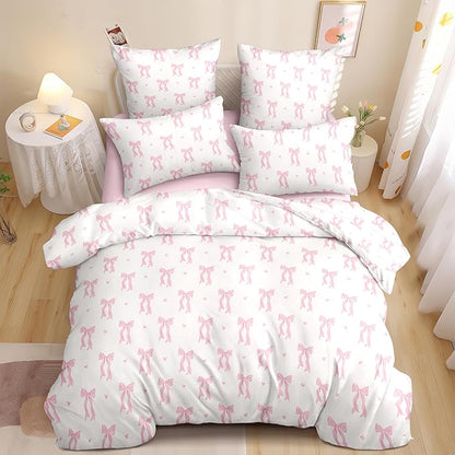 Nayoroom Pink Bow Comforter Set Queen Size Cute Heart Comforter 3 Pieces Soft Lightweight Girls Coquette Dorm Bedding Set for All Seasons