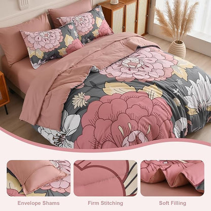 DJY Floral Comforter Set King Size - Grey Pink Bed in a Bag 7 Pieces Blush Botanical Boho Comforter with Sheet Set, Soft Microfiber Complete Bedding Set All Season (Pink/Grey, 104''x90'')