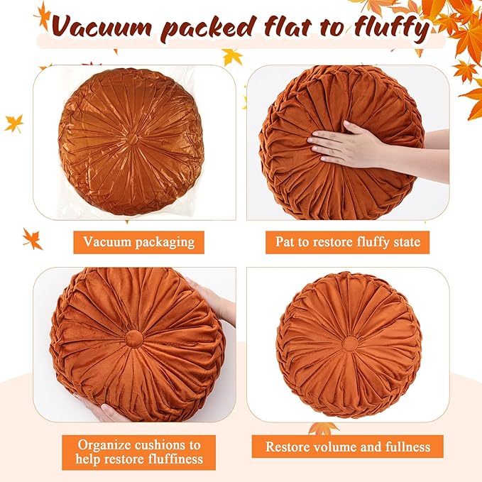 4 Pcs Round Throw Pillows Decorative Velvet Pleated Throw Pillows 15'' Diameter Accent Pumpkin Boho Chair Cushion for Couch Sofa Chair Bed Home Decoration (Fall Color)