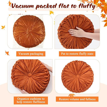 4 Pcs Round Throw Pillows Decorative Velvet Pleated Throw Pillows 15'' Diameter Accent Pumpkin Boho Chair Cushion for Couch Sofa Chair Bed Home Decoration (Fall Color)