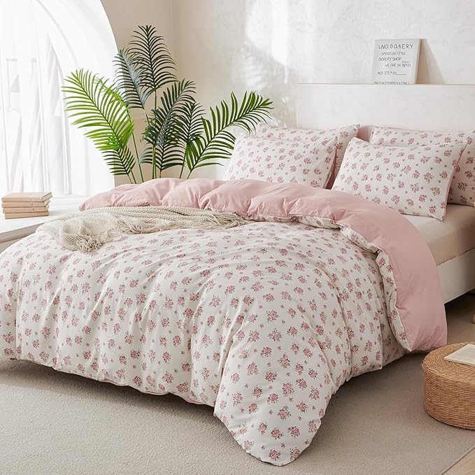 King Size Floral Comforter Set 3 Pieces Soft Cute Fresh Floral Bedding Comforter Lightweight Garden Style King Floral Botanical Comforter Set for All Seasons 1 Comforter and 2 Pillowcases
