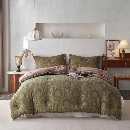 mixinni Muslin Cotton Vintage Olive Green Floral Comforter Set King Size 3pcs Yarn Dyed Jacquard Weave Paisley Pattern Bedding Comforter Soft Breathable Bedding Sets for All Season-King Size