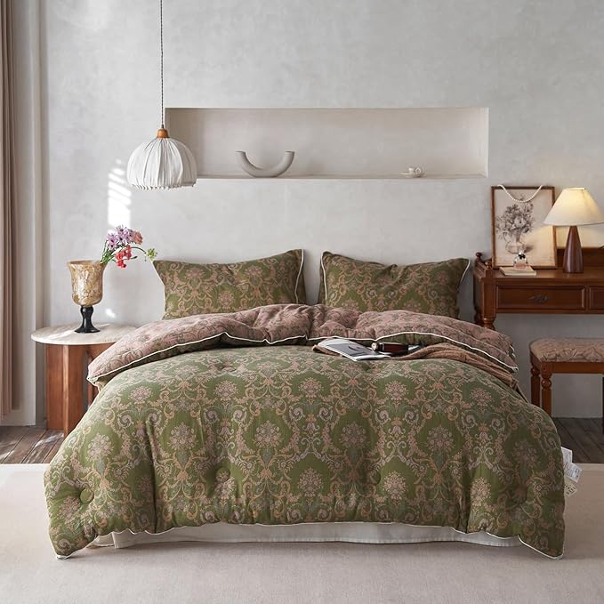mixinni Muslin Cotton Vintage Olive Green Floral Comforter Set Queen Size 3pcs Yarn Dyed Jacquard Weave Paisley Pattern Bedding Comforter Soft Breathable Bedding Sets for All Season-Queen Size
