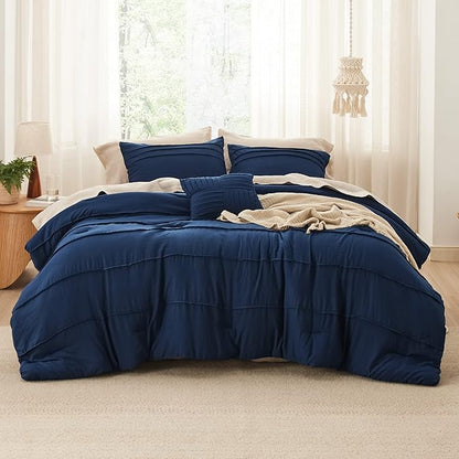 Bedsure King Comforter Set - 4 Pieces Pinch Pleat Bed Set, Navy Blue Boho Bedding for All Season, 1 Soft Comforter, 2 Pillowcases, 1 Decorative Pillow