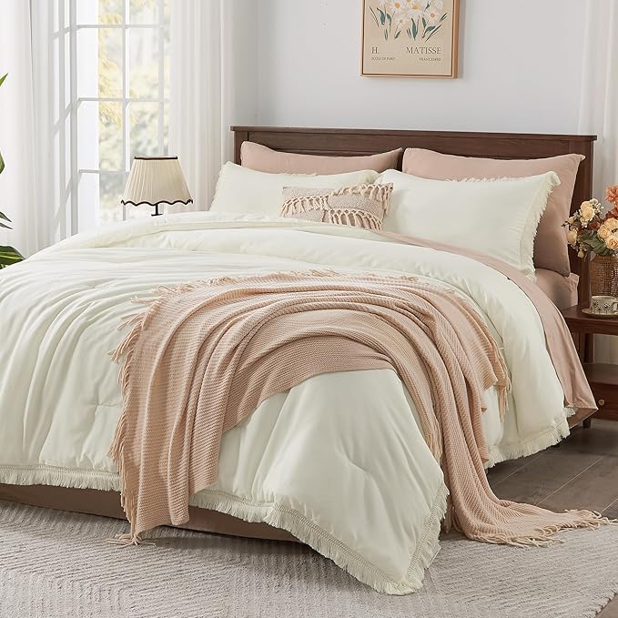 Andency Comforter Set Oversized King Ivory 120x120, 3 Pieces Boho Fall Tassel Lightweight Bedding Comforter Sets, All Season Soft Bed Set (1 Comforter & 2 Pillowcases)