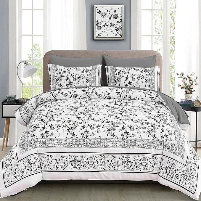 Dobuyly Floral Queen Comforter Set, 7 Piece Bed in a Bag Queen Size Grey Flowers on White Botanical Bedding Set, Soft Microfiber Bedding Comforter Sets with Sheets for All Season