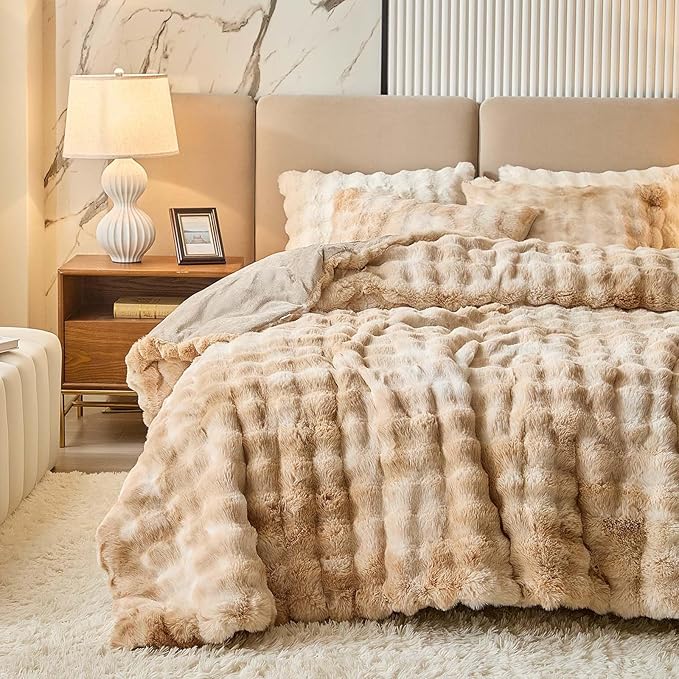 King Faux Rabbit Fur Comforter Set - 3 Pieces Fluffy Bedding Set Ultra Soft Warm Shaggy Winter Flannel Bed Set, Luxury Skin Friendly Sherpa Comforter Set & Pillow for Thanksgiving Tie Dye Coffee