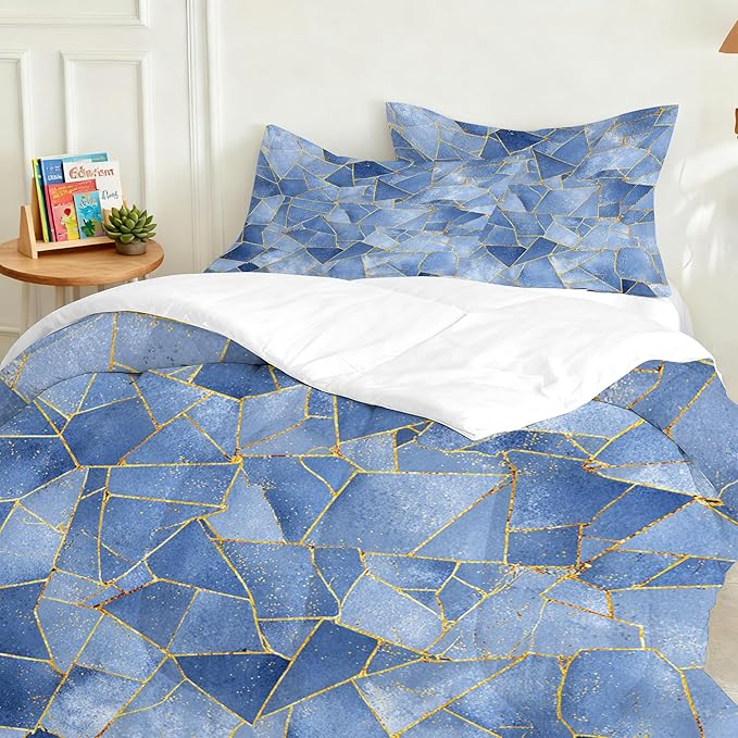 Geometri Marble Comforter Set Full Size Gold Glitter Lines Bedding Set Marbled Geometry Print Bed Set for Bedrom Decor Watercolor Dusty Blue Marbling Quilt Set with 1 Comforter + 2 Pillowcases