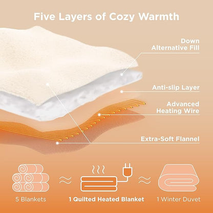 Bedsure Electric Blanket Queen Size - Quilted Winter Bedding of Thick Flannel, Dual Control Heated Blanket with 10 Heat & 10 Time Settings, Fast Heating for Cold Sleepers (84x90 inches, Ivory)