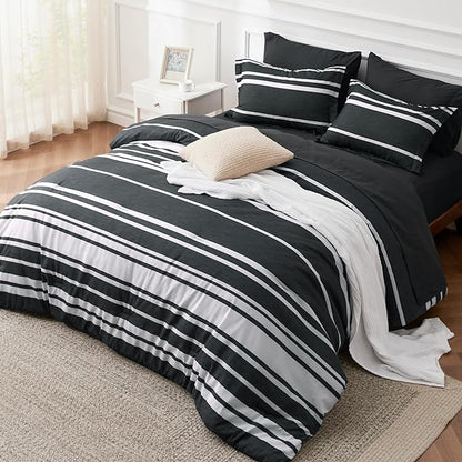 Bedsure Twin Comforter Set 5 Pieces, Black Striped Bedding Set for All Seasons, Reversible, Cationic Dyeing Bed in a Bag with Comforter, Sheets, Pillowcase & Sham