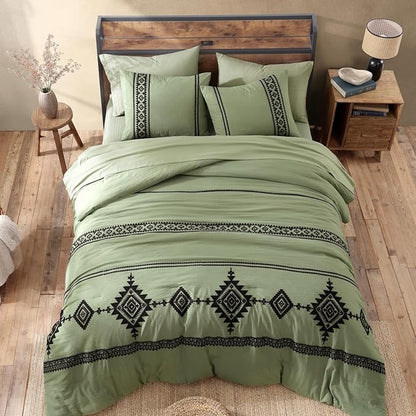 MaiRêve Embroidery King Size Comforter Set Light Olive Green, Farmhouse Western Boho Bedding Set 7 Pieces, All Season Bed in A Bag Comforter Set with Sheets, Pillowcases & Shams