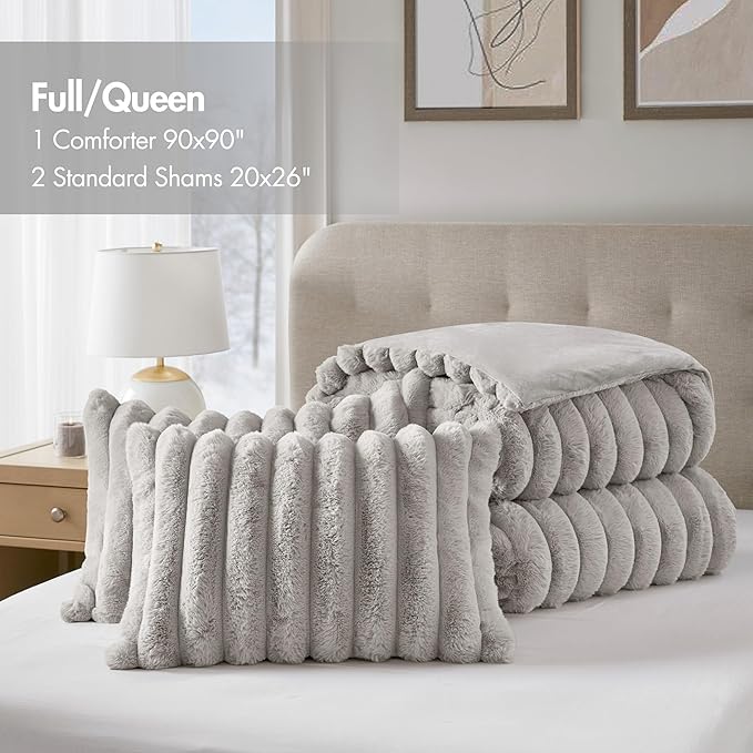 Madison Park Jasmine Queen Comforter Set, Luxurious Reversible Faux Fur Plush Ribbed Velvet Bedding, Fuzzy Thick Warm Winter Comforter, Super Soft Fluffy 3-Piece Set Light Grey