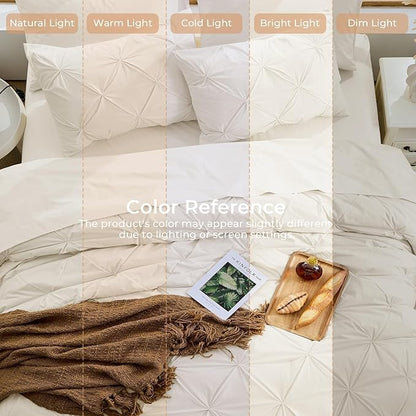 Sasttie Full Size Comforter Set, 7-Piece Bed in a Bag Double, Pintuck Bedding Set for All Season, Includes Comforter, Flat Sheet, Fitted Sheet, Pillowcases and Pillowshams, Beige