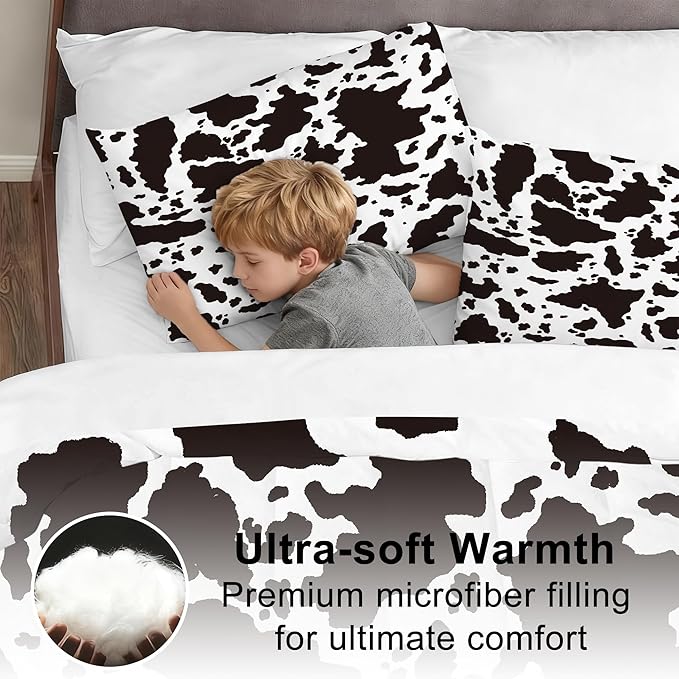 Kids Cow Print Comforter Set Twin Size Microfiber Cartoon Milk Cute Cartoon Bedding Set for Kids Teens Boys Girls Cow Print Farmhouse Bed Set Ultra Soft Bedding Set for All Seasons