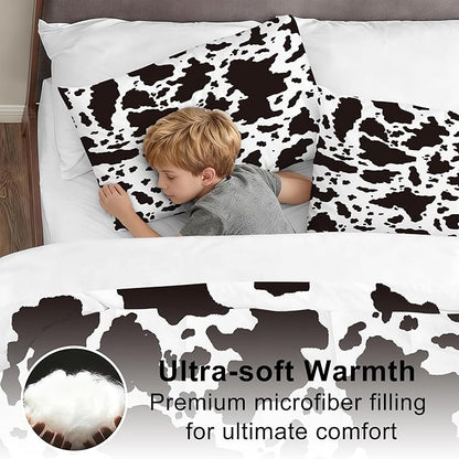 Kids Cow Print Comforter Set Twin Size Microfiber Cartoon Milk Cute Cartoon Bedding Set for Kids Teens Boys Girls Cow Print Farmhouse Bed Set Ultra Soft Bedding Set for All Seasons