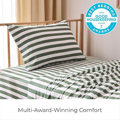 Mellanni Twin XL Sheets Set - 3 PC Iconic Collection Bedding - Hotel Luxury, Extra Soft, Cooling Bed Sheets - Wrinkle, Fade, Stain Resistant (Twin Extra Long, Oxford Stripe Sage)