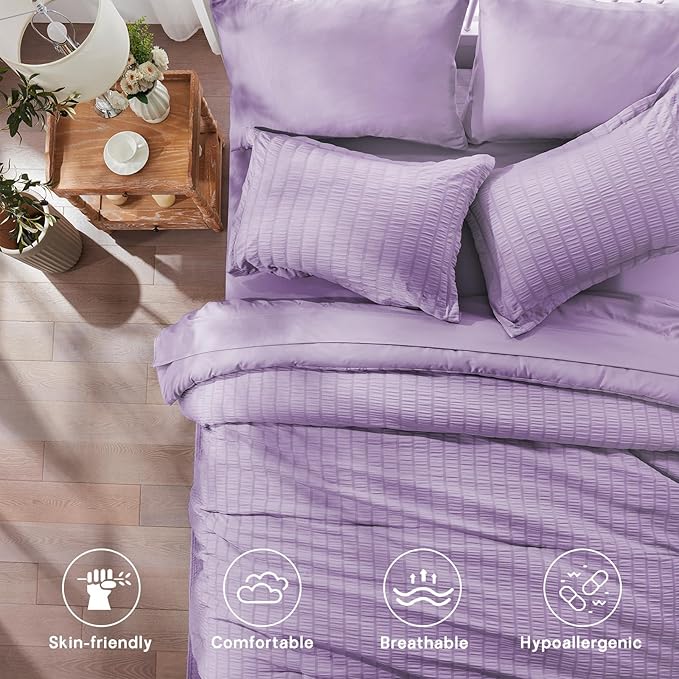Zzlpp Full Comforter Set 7 Pieces, Light Purple Seersucker Bed in a Bag with Comforter, Pillow Shams, Pillowcases, Flat Sheet, Fitted Sheet