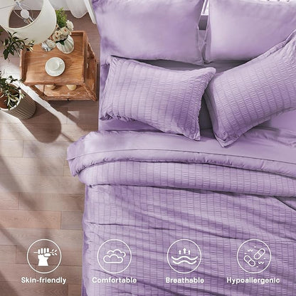 Zzlpp Twin Comforter Set 5 Pieces, Light Purple Seersucker Bed in a Bag with Comforter and Pillowcase, All Season Bedding Sets with 1 Comforter, 1 Pillow Sham, 1 Flat Sheet, 1 Fitted Sheet