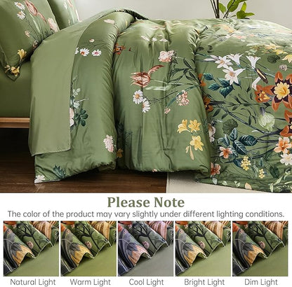 WONGS BEDDING Green Floral Comforter Set King, 7 Piece Bed in a Bag Bedding Set with Botanical Flowers Patterns, Soft Lightweight Complete Comforters with Sheets for All Season