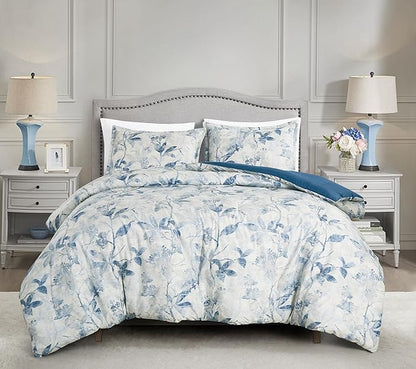 Chezmoi Collection Monica 3-Piece Boho Floral Comforter Set, King - Blue Gray White Tropical Flower Textured Printed Microfiber Lightweight Bedding Set