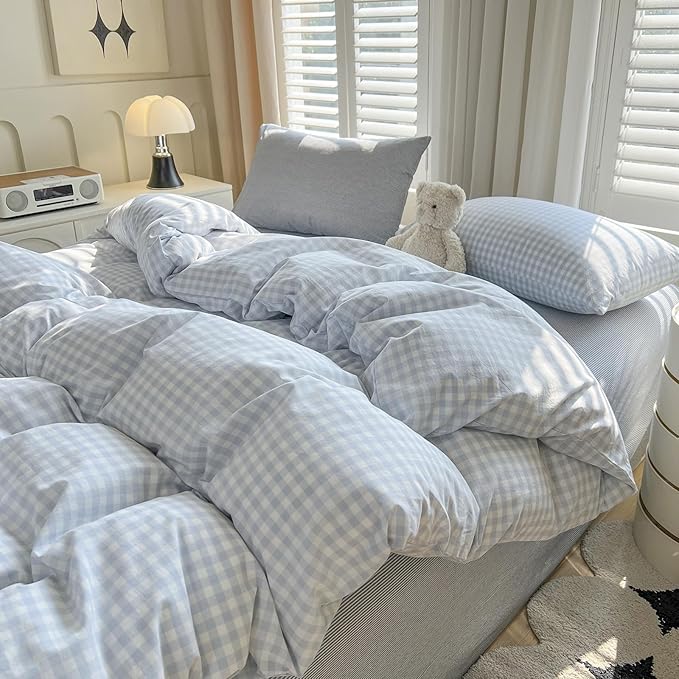 VM VOUGEMARKET Gingham Comforter Set Full Blue White Plaid Checked Bedding Comforter with 2 Pillowcases Modern Cozy Lightweight for Studengts Girls Boys
